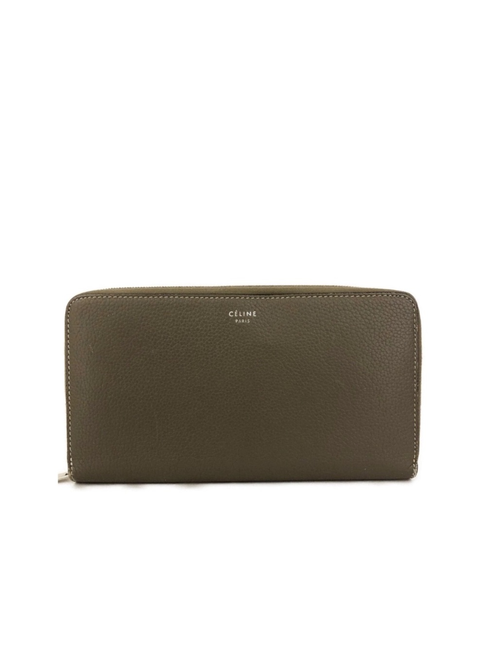 Authentic CELINE Logo Grey x Yellow Leather White Stitch Zip Around Long Wallet